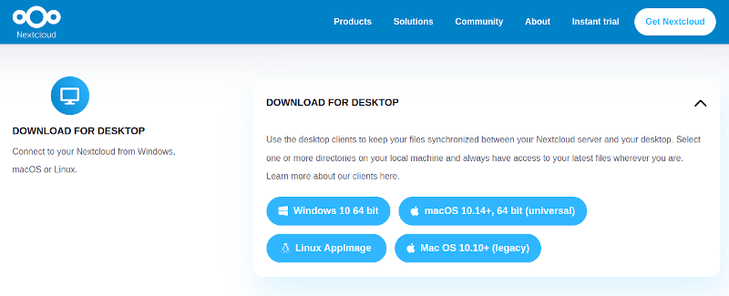 Site da Nextcloud, seção de download do aplicativo Nextcloud Desktop para sincronização de arquivos localmente. 